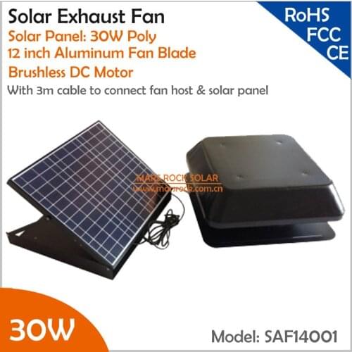 Brushless Motor with no fixed Solar Panel 30W 12'' Solar Exhaust Fan with cable switch ventilation fan themostat controller