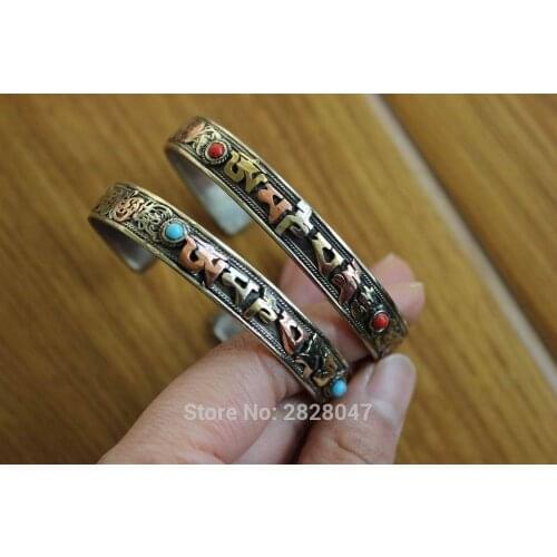 BR423 Tibetan 3 Metal Copper Brass 6 words mantran Om Mani Padme Hum Bangle Nepal Handmade Open Back Adjustable Bracelet Cuff