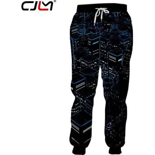 CJLM Man Personality Black Trend Sweatpants Mens Oversized Casual Pants 3D Full Printed Science Fiction City Light