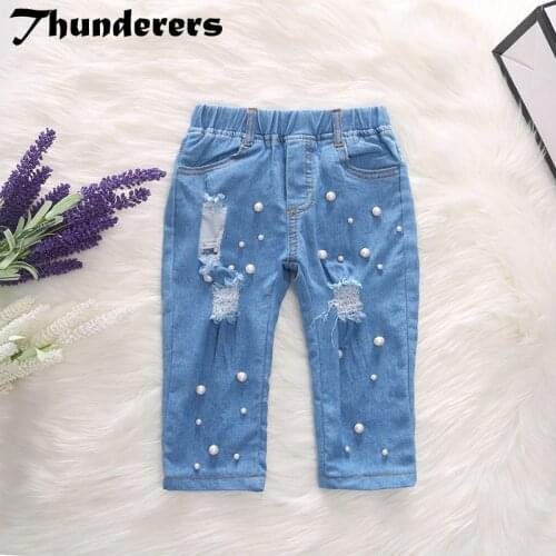 Thunderers Spring Autumn Kids Jeans For Girl Waist Ripped Pants With Pearl Big Hole Children Trousers Casual Clothes 3T-7T