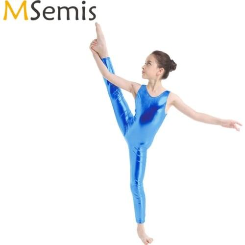 Kids Girls Shiny Gymnastics Swimsuit for Dancing Unitard Leotard Full Bodysuit Swimwear Childrens Tight Ballet Leotard Jumpsuit