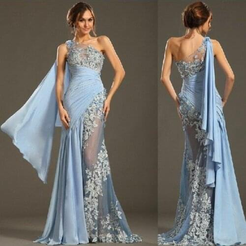 Long One Shoulder Lace Light Blue Evening Dresses Mermaid Floor Length Chiffon Illusion Back Formal Party Dresses for Women