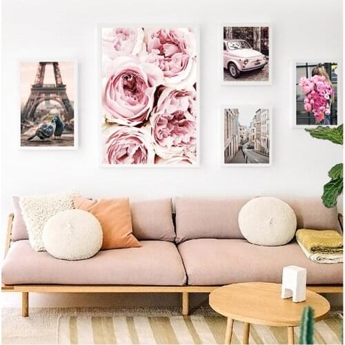And Prints Wall Pictures For Living Room Decor Pink Rose Flower Paris Tower Pigeon Car Wall Art Canvas Painting Nordic Posters
