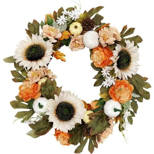 Artificial Halloween Wreath Fake Sunflowers Pumpkin Front Door Hanging Wreath Thanksgiving Day Indoor or Outdoor Decor