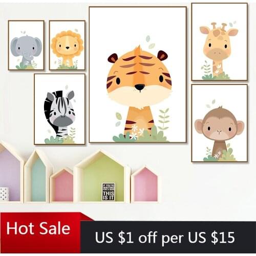 Jungle Animals Canvas Painting Print Giraffe Elephant Zebra Nursery Poster Nordic Safari Wall Art Pictures Baby Kids Room Decor