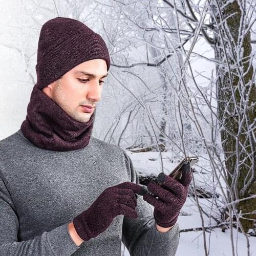 Autumn Winter Beanie Hat Scarf Gloves Three-piece Set Men Thicken Gloves Outdoor Warm Fluffy Woolen Knitted Men Beanie Hats Sets