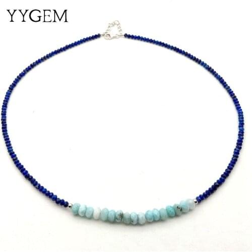 YYGEM Natural Blue Faceted Rondelle Lapis Larimar Choker Necklace 18" 925 silver clasp