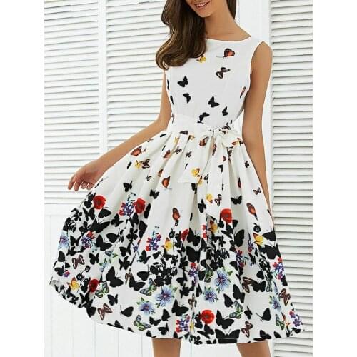 Womens Dress Fashion Butterfly Floral Vintage Swing Dresses Summer Sleeveless Zipper Dress Light Streetwear Womens Clothes
