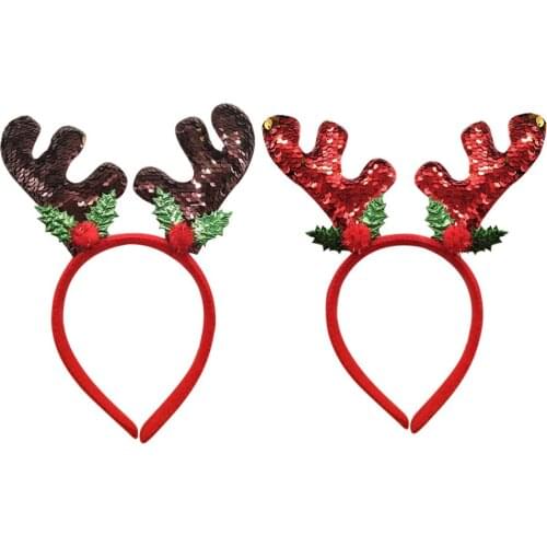 2pcs Christmas Elk Hair Band Sequin Reindeer Hair Hoop Xmas Headdress Party Favors Photo Props for Kids (Red+Brown)