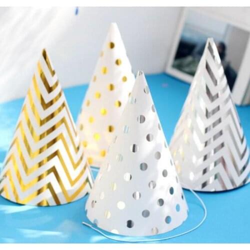 Happy Birthday Funny Party Cone Hat New Years caps Celebration Decor Gold Silver Stripe Elastic Neck Straps for children adults