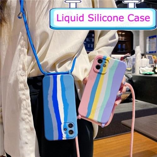 Crossbody Lanyard Rainbow Liquid Silicone Case For iPhone 12 11 Pro Max 12 Mini X XS Max 8 Plus Gel Rubber Shockproof Back Cover