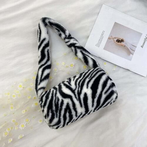 Fashion Women Cylinder Shoulder Pillow Bag Casual Cow Zebra Printed Female Handbag Autumn Winter Soft Plush Street Travel Purse