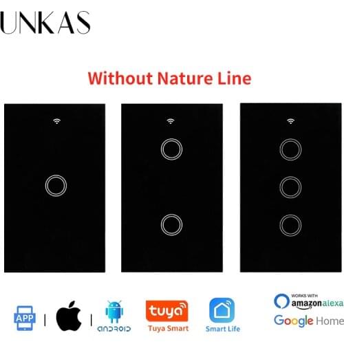 UNKAS US Standard Tuya Smart Life Wifi Smart Wall Touch Light Switch 1/2/3 Gang Crystal Glass Single Fire Line Touch Switch