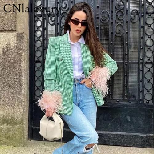 CNlalaxury Women 2021 Autumn Vintage Houndstooth Blazer Elegant Notched Jackets Office Lady Double Breasted Suits Ladies Outwear