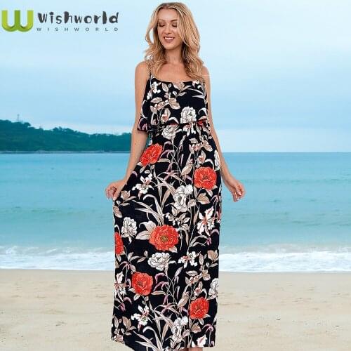 The European and American Fashion Womens Clothing Floral Dress Skirt with Shoulder-straps Long Beach 2021 Summer Waist Skirt