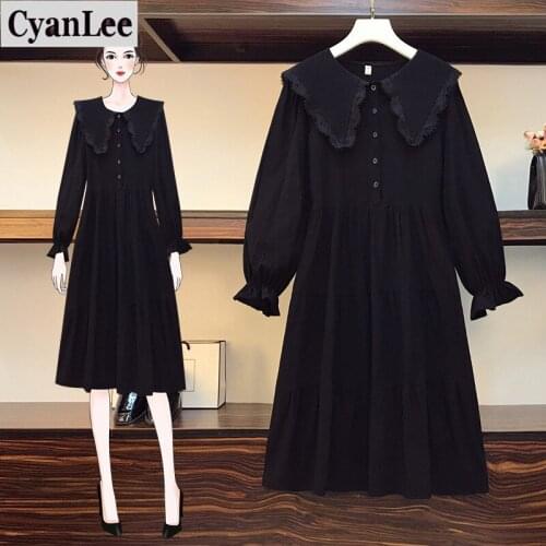 Cyanlee plus size women party dresses autumn korean lace patchwork long sleeve ruffles vinatge dresses for women black vestidos