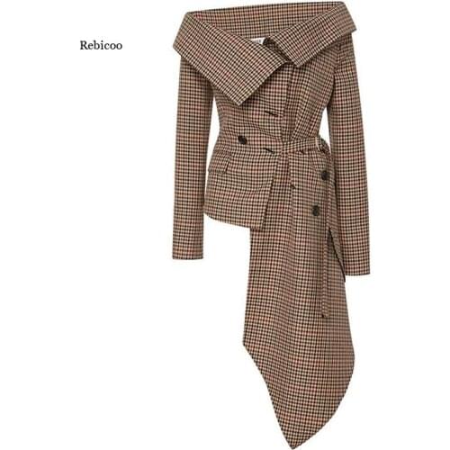 New Women Coats Long Sleeve Off Shoulder Cape Lapel Blazers Coats Ol Cool Loose Irregular Autumn Plaid Printing Women Jacket