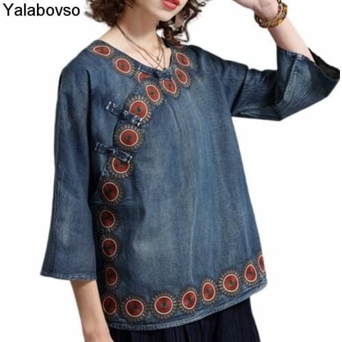 Dark blue color Cowboy Rertro Tops womens Embroidery loose large top 2021 autumn round neck new denim shirts for female