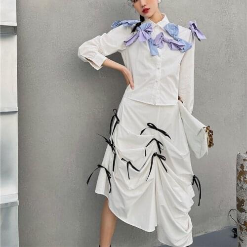 Blue Purple Bow Single-Breasted Shirt + bow Lace-up Irregular White High Waist Pleated Fairy Skirt Fashion 2-Piece Female Set