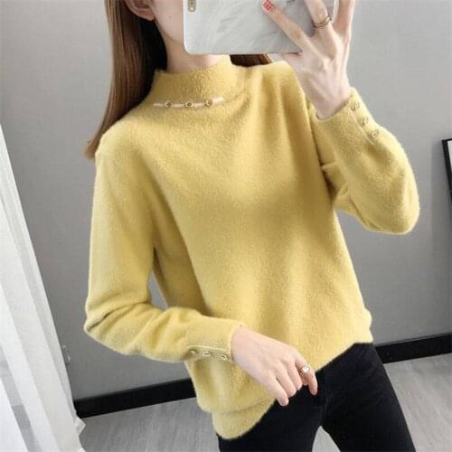 Half High Collar Mink Fleece Sweater Women Korean 5 Color Jumper Ladies Autumn Winter Thick Long Sleeve Short Pullover Female