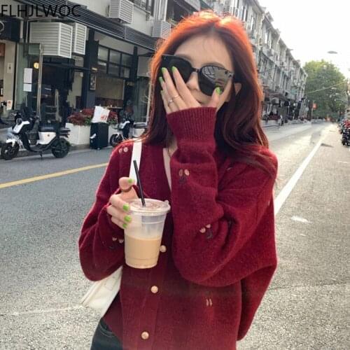 Japan Cute Sweet Girls Women 2021 Autumn Winter Outerwear Knitted Cardigans Single Breasted Button Christmas Red Sweaters Coats
