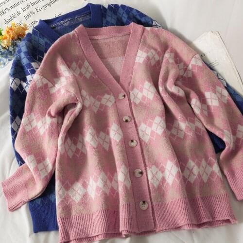 Retro Argyle Knitted Sweater Cardigan Women Autumn Winter Fashion Loose Preppy Style Single Breasted Causal V-neck Jumpers