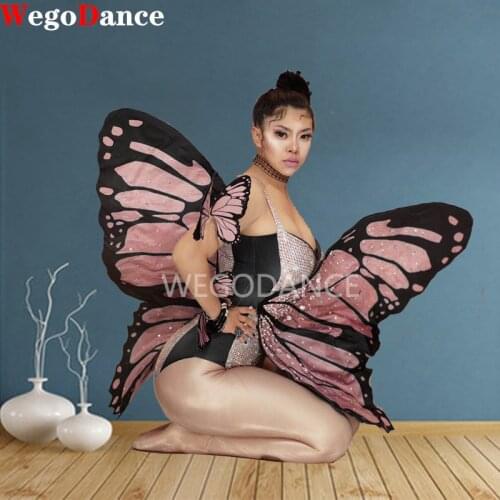 Women Bling Pink Butterfly Wings Rhinestones Bodysuit Party Show Performance Stage Wear Halloween Cosplay Costume