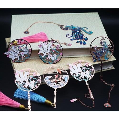 1PC Chinese Retro Folding Fan Design Brass Bookmark Tasseled Hollowed Book Clip Pagination Mark Stationery School Office Supply