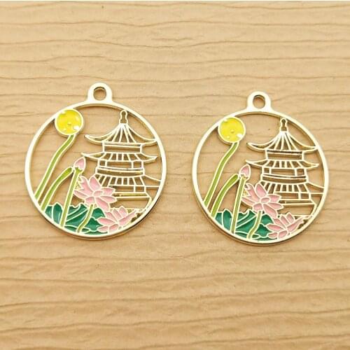 10pcs 24x27mm house bridge tower enamel charm for jewelry making and crafting earring pendant bracelet necklace charms