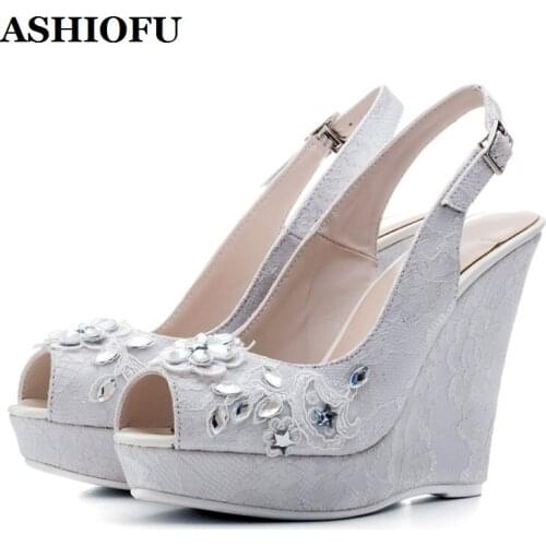 ASHIOFU Real Photos Handmade Ladies Wedges Heels Sandals Wedding Party Slingback Dress Shoes Peep-toe Evening Fashion Sandals