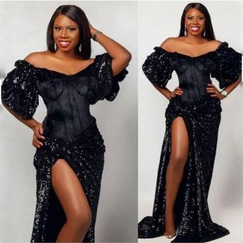 Aso Ebi Black Off The Shoulder Prom Dresses Plus Size Sequined High Split Evening Gowns African Style Robe De Soiree Party Dress