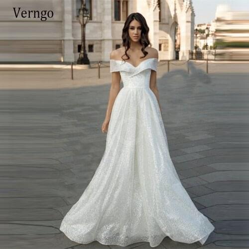 Verngo Glitter A Line Off the Shoulder Wedding Dresses 2021 Short Sleeves Sweep Train Corset Lace Up Back Bridal Gowns Plus Size