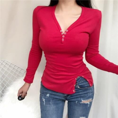 Vneck T-shirt Korea New Spring Solid sexy Slim Fit skinny Tee Women Casual Long Sleeve Tshirt Tops female girls tshirt 7WPF