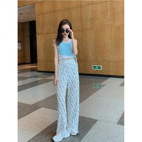 HOT SELLING Miyake Beauty fashion fold show thin fold pants female foot trousers Letter printing straight pants IN STOCK