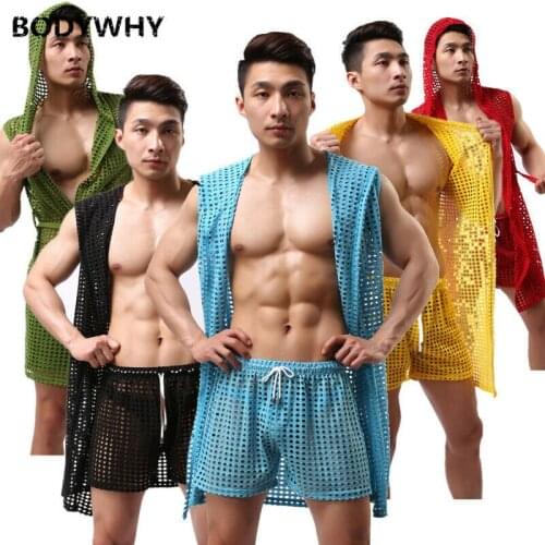 Mens Sexy Hooded Robe Sleeveless Bathrobe Mesh Nets Hollow Pajamas Silky L-S Underwear Man Clothes