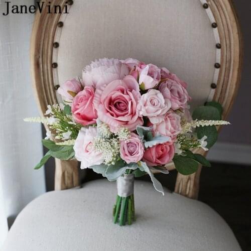 JaneVini Western Style Pink Roses Peonies Wedding Flowers Bridal Bouquet Charm Artificial Vintage Bride Fake Bouquet Flower Ball