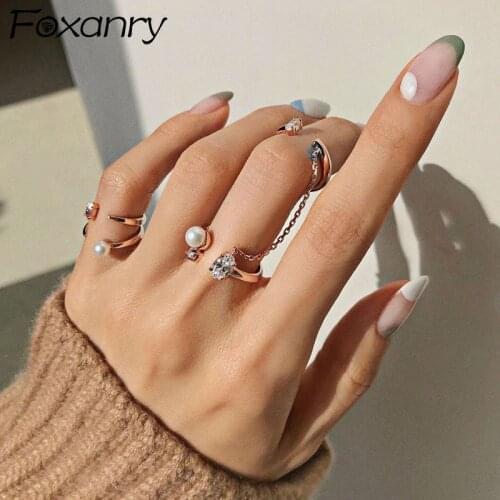 Foxanry 925 Sterling Silver Chain Pearl Rings for Women Couples New Fashion Creative Design Elegant Birthday Party Jewelry Gifts