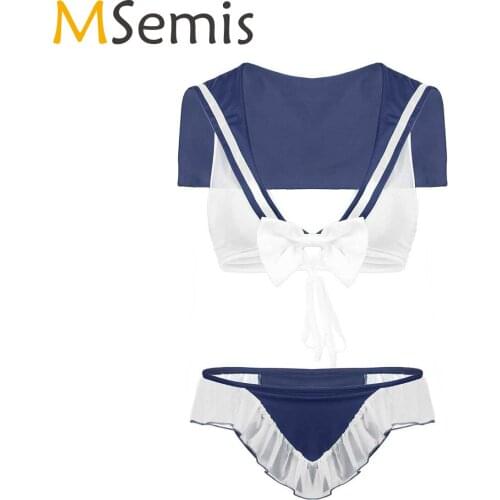 MSemis Women Transparent Bra Set Erotic See Through Sheer Sailor Costume Cosplay Lingerie Set Crop Top with Ruffled Underwear