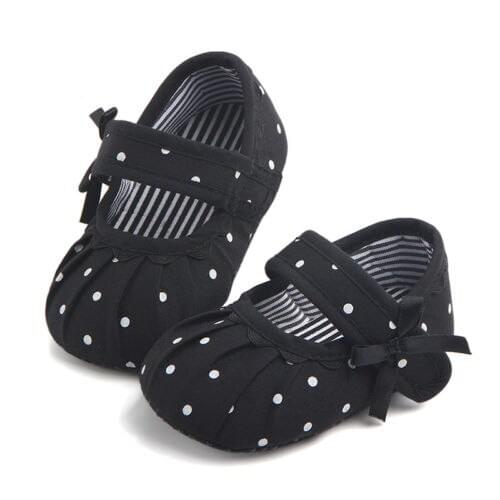Newborn Baby Girl Soft Sole Crib Shoes Black White Polka Dots Anti-slip Sneaker Prewalker Ruched First Walkers 0-18M