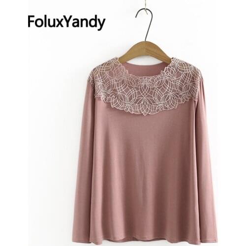 Lace O-neck Tops Plus Size Women Tops Loose Casual Spring Autumn Long Sleeve T-shirts KKFY5666