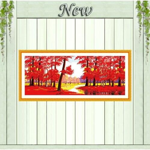 Red maples woods river mascot Scenery painting Counted print on canvas DMC14CT 11CT Cross Stitch Needlework kits Embroider Sets