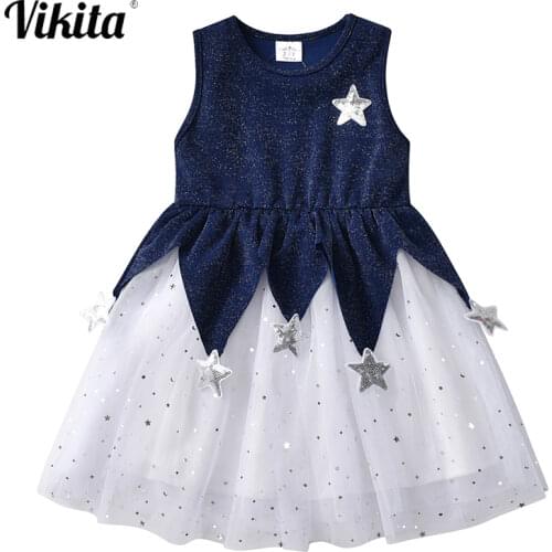 VIKITA Girls Dress Summer Kids Star Sequins Sleeveless Dresses Sweet Party Mesh Princess Dress for Kids Children Costumes