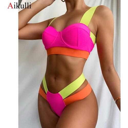 Sexy Underwire Bikinis Set Women Swimsuits 2021 New Pink Splicing Swimwear Summer Woman Beach Brazilian Bikini Swim Bathing Suit
