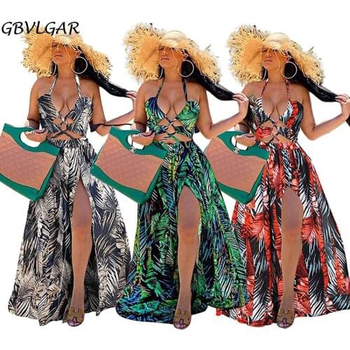 Stigende Women Bohemian Palm Leaf Maxi Dress Sexy High Split Backless Halter Dress Casual Sleeveless Bandage Green Long Dress