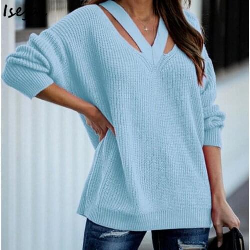 V-neck Loose Pullover Womens Autumn Winter Sweater Women Solid Knitwear Jumper