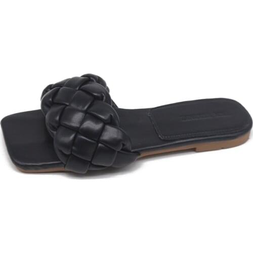 2020 Women Slippers Summer Flat Shoes Female Open Square Toe Sandels Black Slides Women Black White Brown Blue Flats Slippers