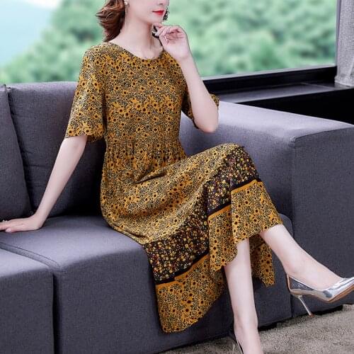 Women Vintage 5XL Plus Size Floral Casual Sundress 2021 Summer Print Mulberry Silk Midi Dresses Elegant Bodycon Party Vestidos