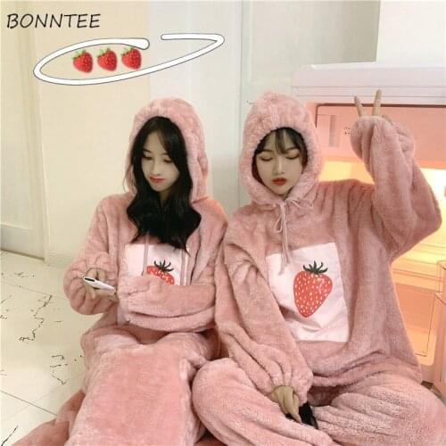 Winter Pajama Sets Women Lovely Coral Velvet Thicker Soft Girls Pijamas Casual Loose Korean Popular Hooded Ladies Sleepwear Ins