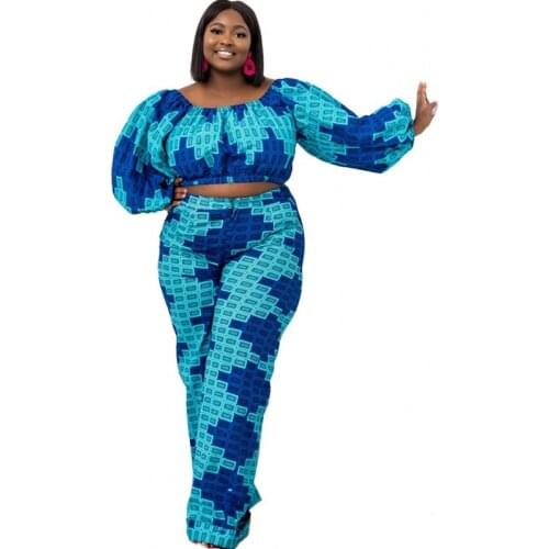 2 Piece Sets African Clothes Women 3XL 4XL Plus Size Slash Neck Crop Tops And Pant Suits Summer Fashion Dashiki African Outfits