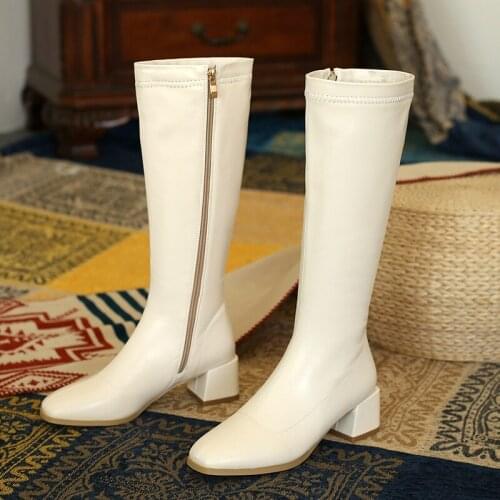 2021 New arrival knee high boots thick high heels Square Toe ladies shoes winter fashion black white beige women boots
